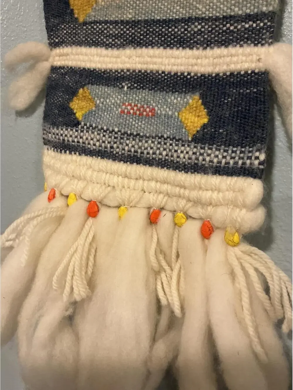 Handwoven Wool Wall Hanging Boho Tapestry with Raw Fleece Fringe Diamond Pattern